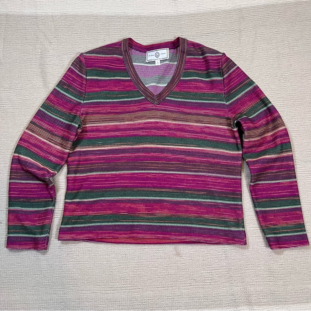 Vintage St John Sport‎ Marie Gray Santana Knit Striped Pullover Size Small Retro